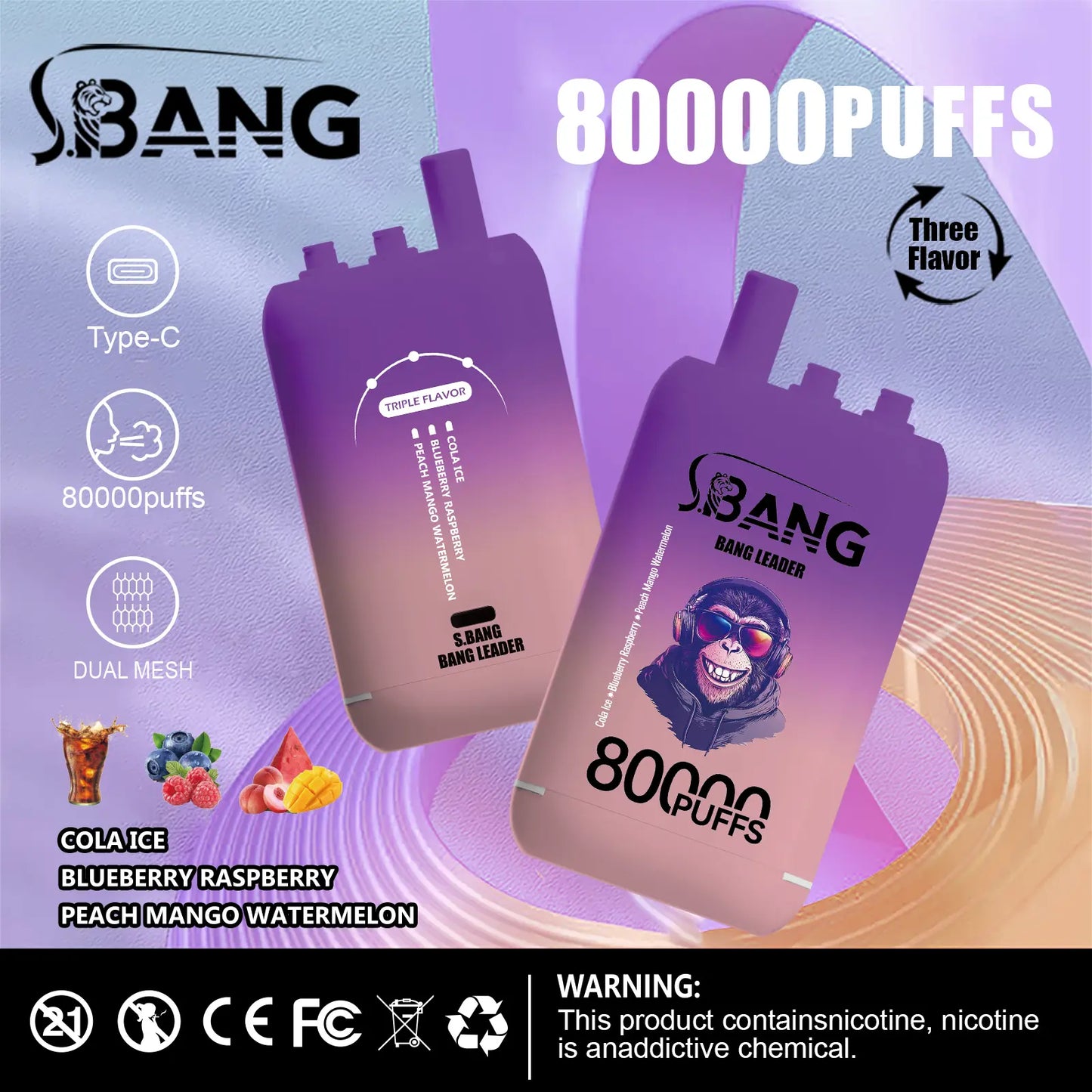 Bang Leader 80000 Puffs 3-i-1 Triple Flavors Disposable Vape (10st - Box) (2st Minst eller mer)