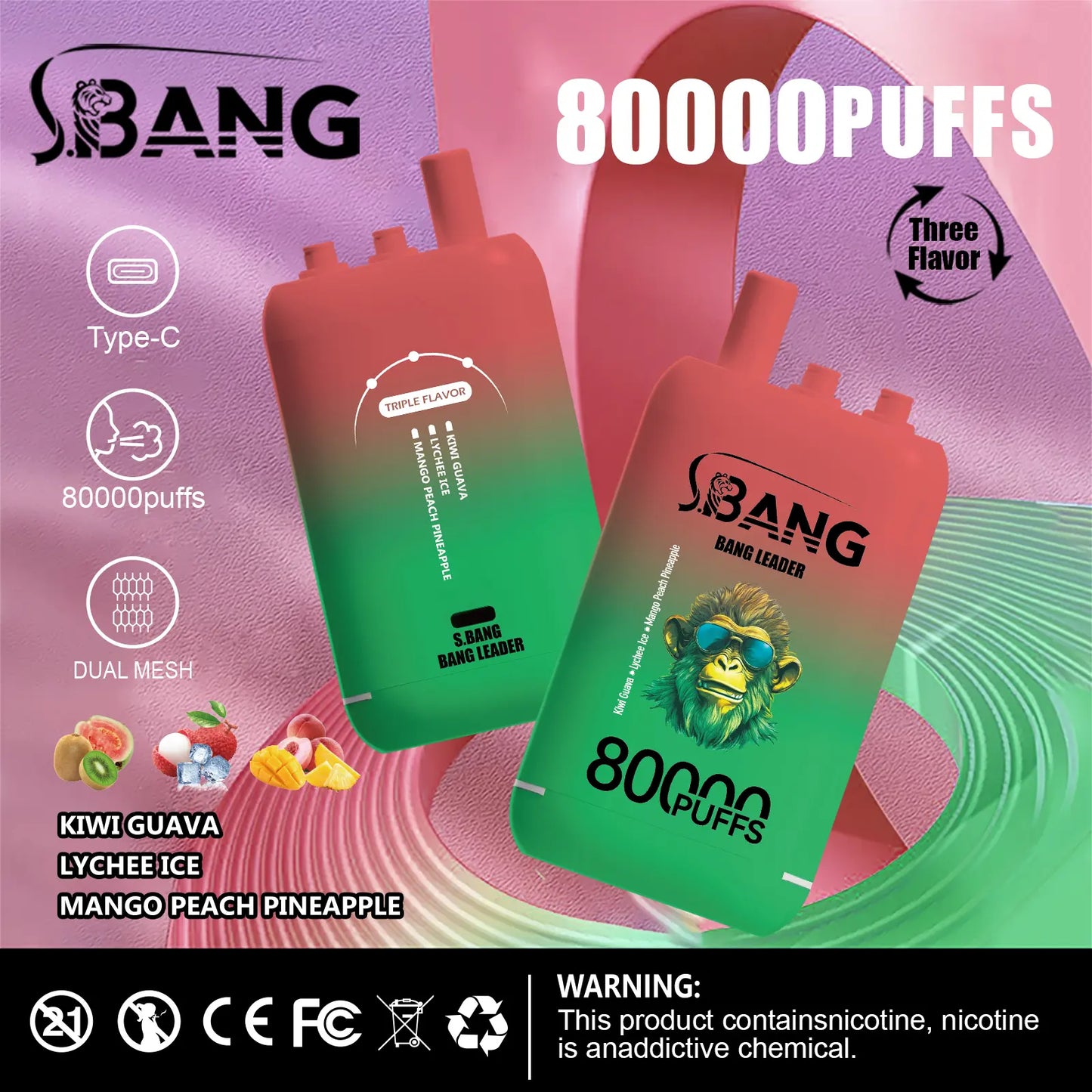Bang Leader 80000 Puffs 3-i-1 Triple Flavors Disposable Vape (10st - Box) (2st Minst eller mer)