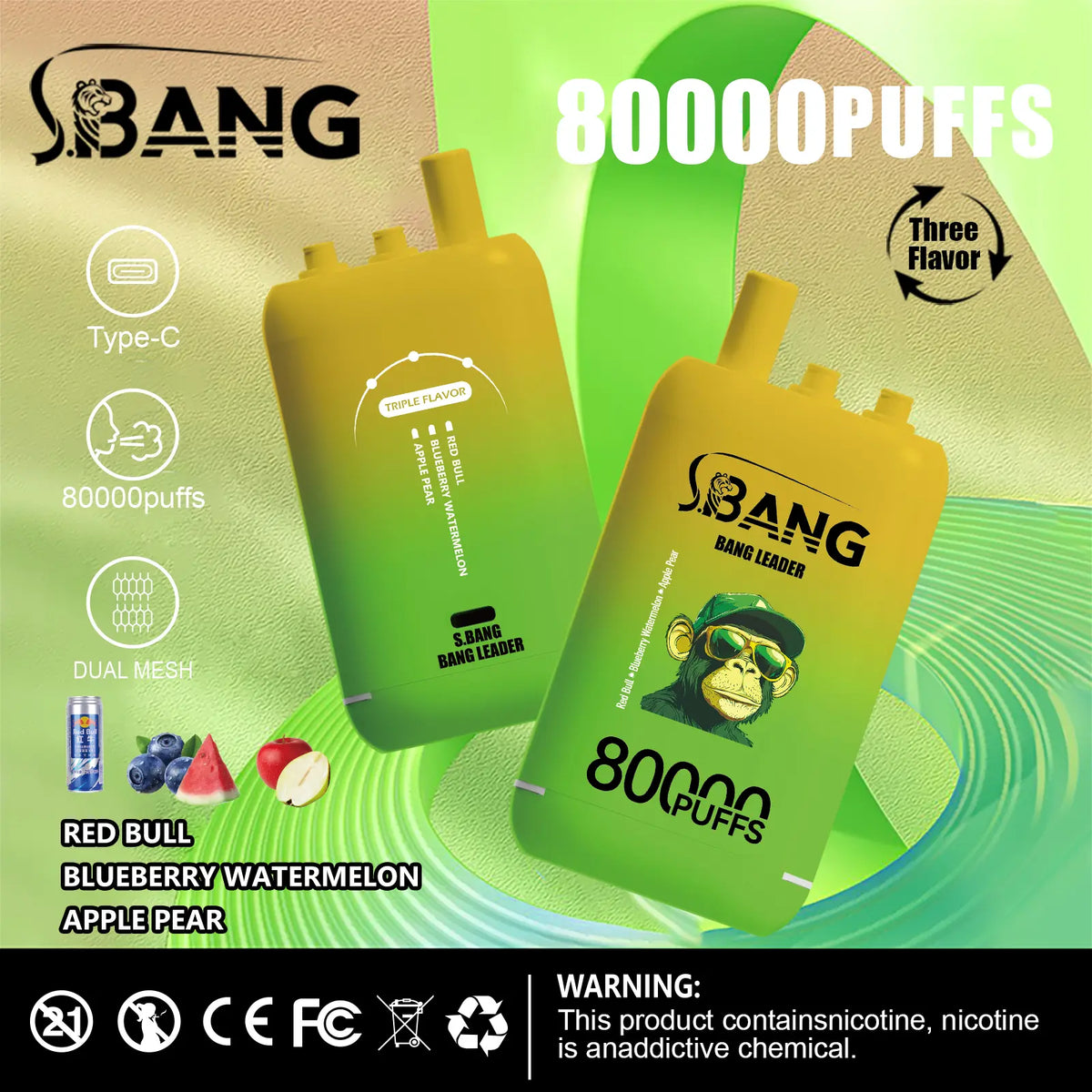 Bang Leader 80000 Puffs 3-i-1 Triple Flavors Disposable Vape (10st - Box) (2st Minst eller mer)