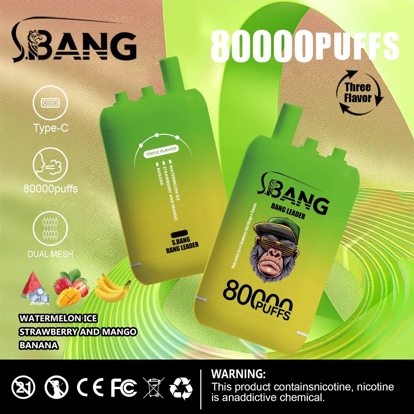 Bang Leader 80000 Puffs 3-i-1 Triple Flavors Disposable Vape (10st - Box) (2st Minst eller mer)