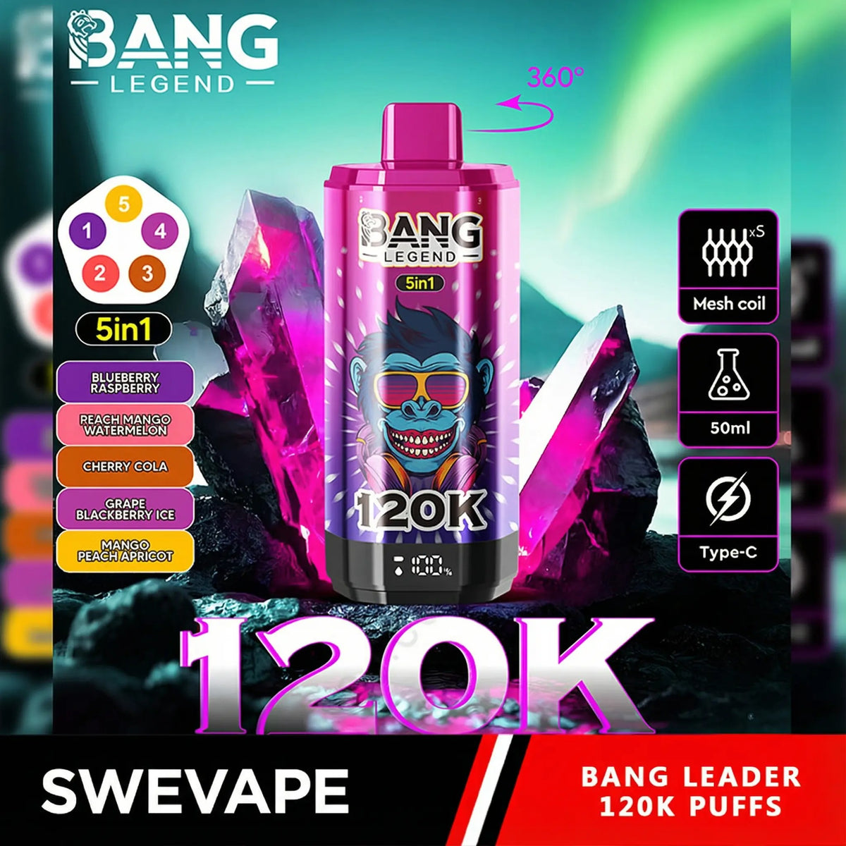 Bang Legend 120000 Puffs 5-i-1 Smaker 120k Engångsvape (10st - Box) (2st Minst eller mer)