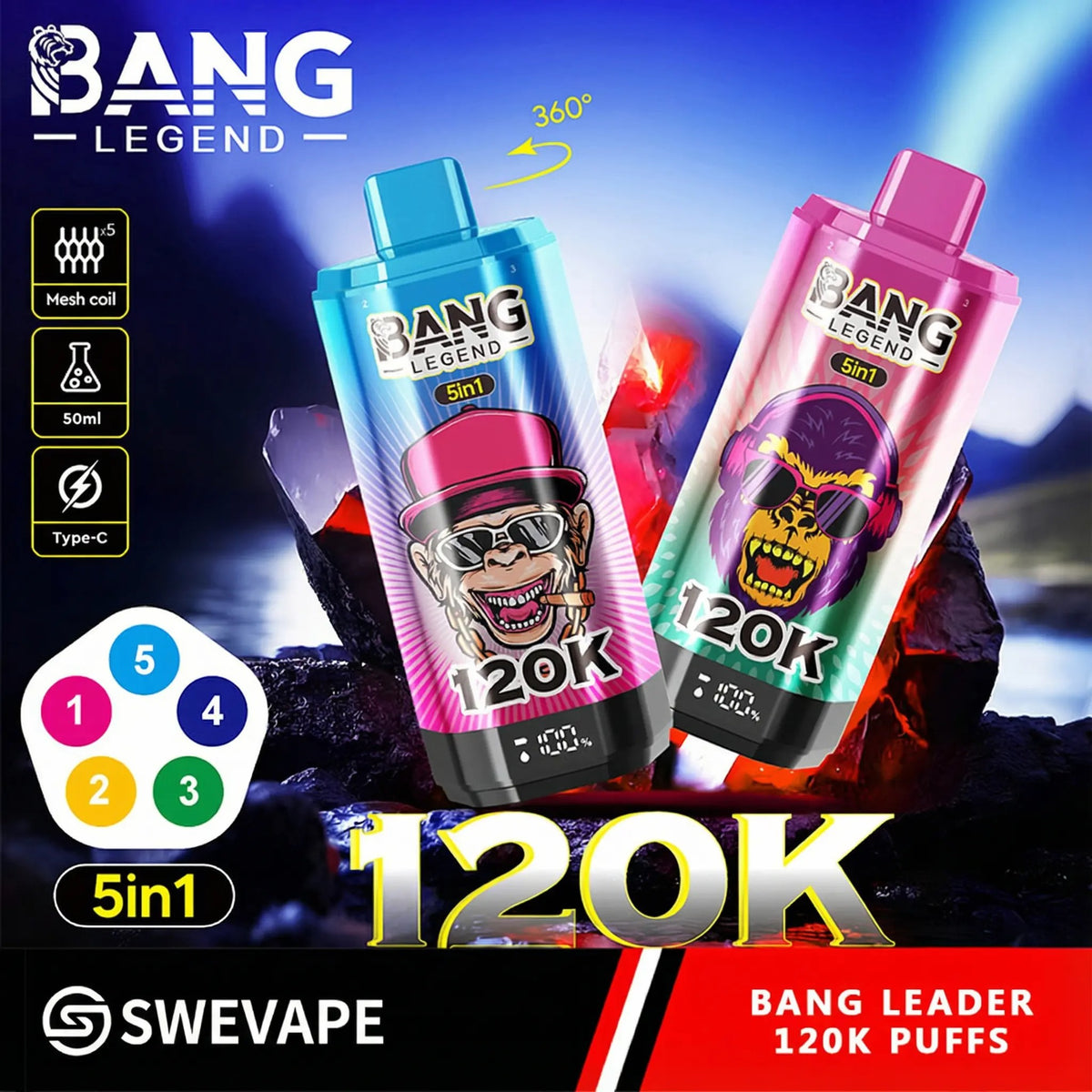 Bang Legend 120000 Puffs 5-i-1 Smaker 120k Engångsvape (10st - Box) (2st Minst eller mer)