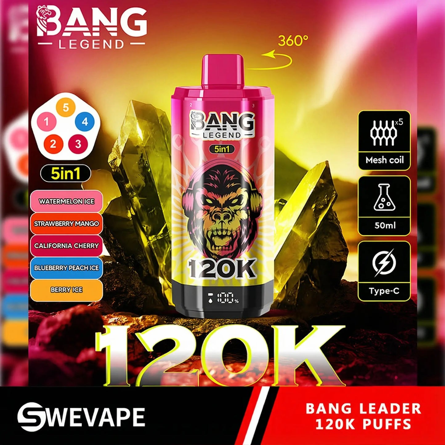 Bang Legend 120000 Puffs 5-i-1 Smaker 120k Engångsvape (10st - Box) (2st Minst eller mer)