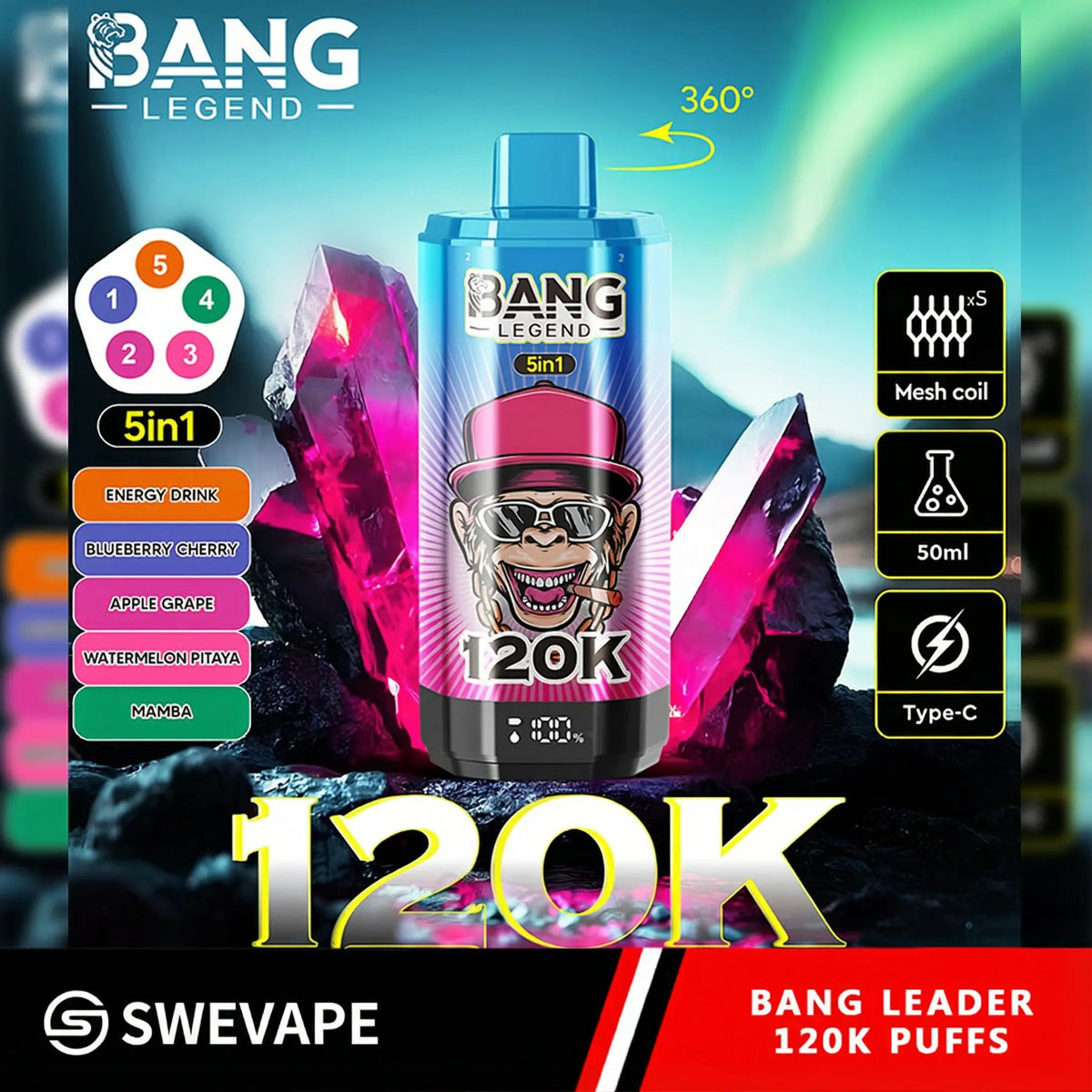 Bang Legend 120000 Puffs 5-i-1 Smaker 120k Engångsvape (10st - Box) (2st Minst eller mer)